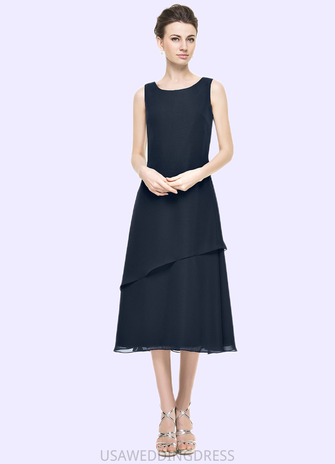 Jaslene A-Line Scoop Neck Tea-Length Chiffon Mother of the Bride Dress With Beading Sequins Cascading Ruffles DS126P0014875