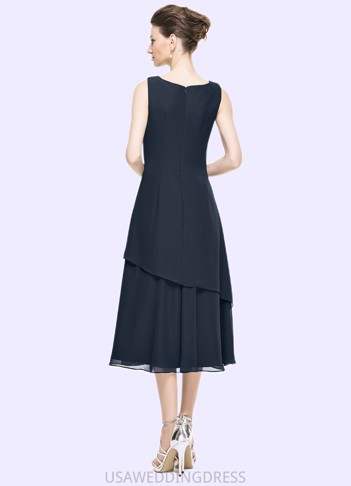 Jaslene A-Line Scoop Neck Tea-Length Chiffon Mother of the Bride Dress With Beading Sequins Cascading Ruffles DS126P0014875