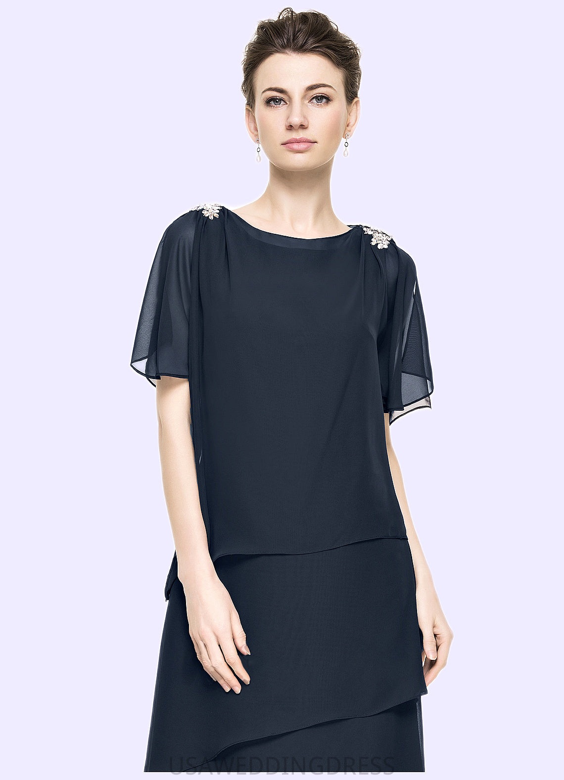 Jaslene A-Line Scoop Neck Tea-Length Chiffon Mother of the Bride Dress With Beading Sequins Cascading Ruffles DS126P0014875