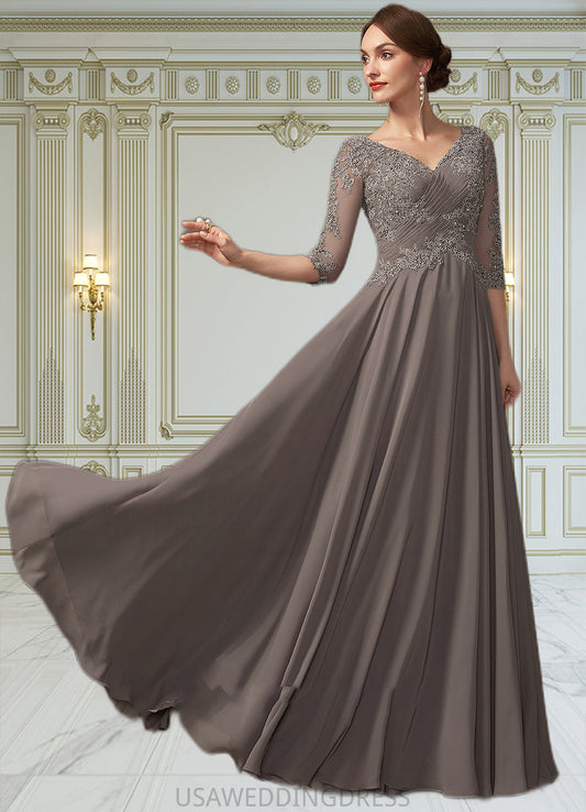 Leyla A-Line V-neck Floor-Length Chiffon Lace Mother of the Bride Dress With Beading Sequins DS126P0014876