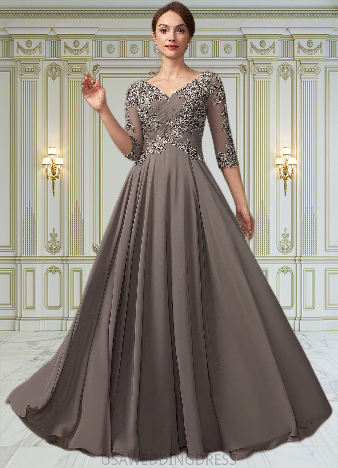 Leyla A-Line V-neck Floor-Length Chiffon Lace Mother of the Bride Dress With Beading Sequins DS126P0014876