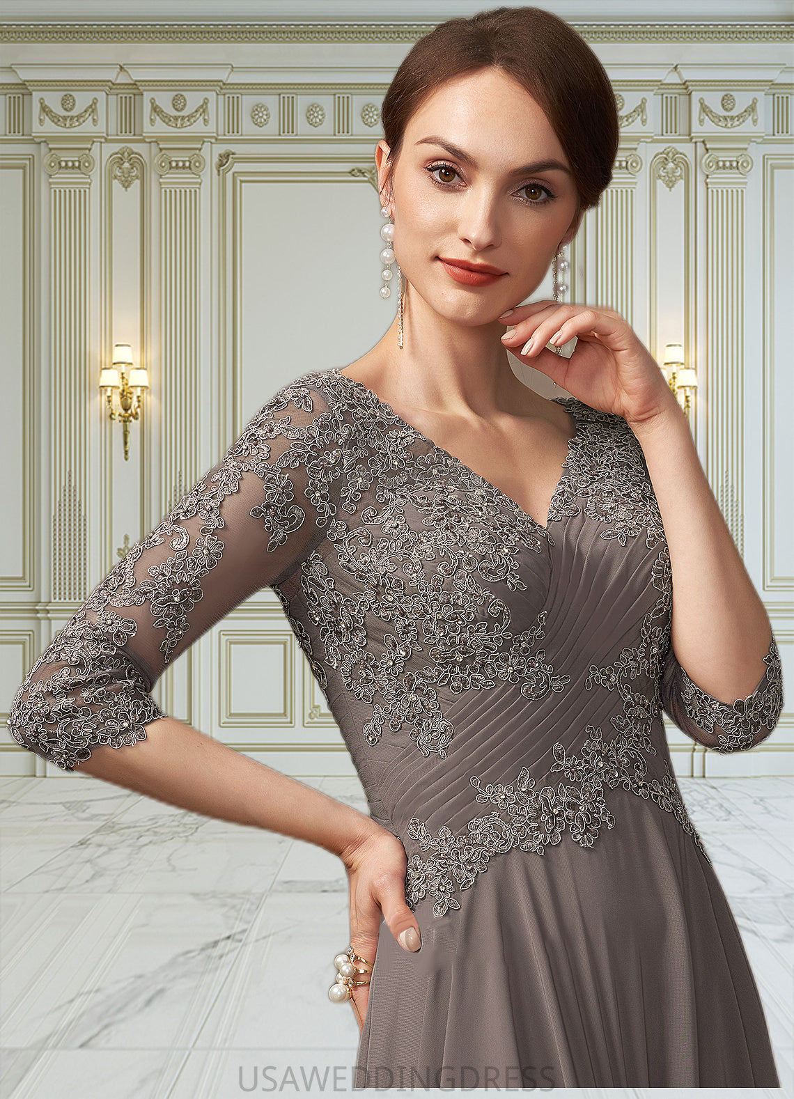 Leyla A-Line V-neck Floor-Length Chiffon Lace Mother of the Bride Dress With Beading Sequins DS126P0014876