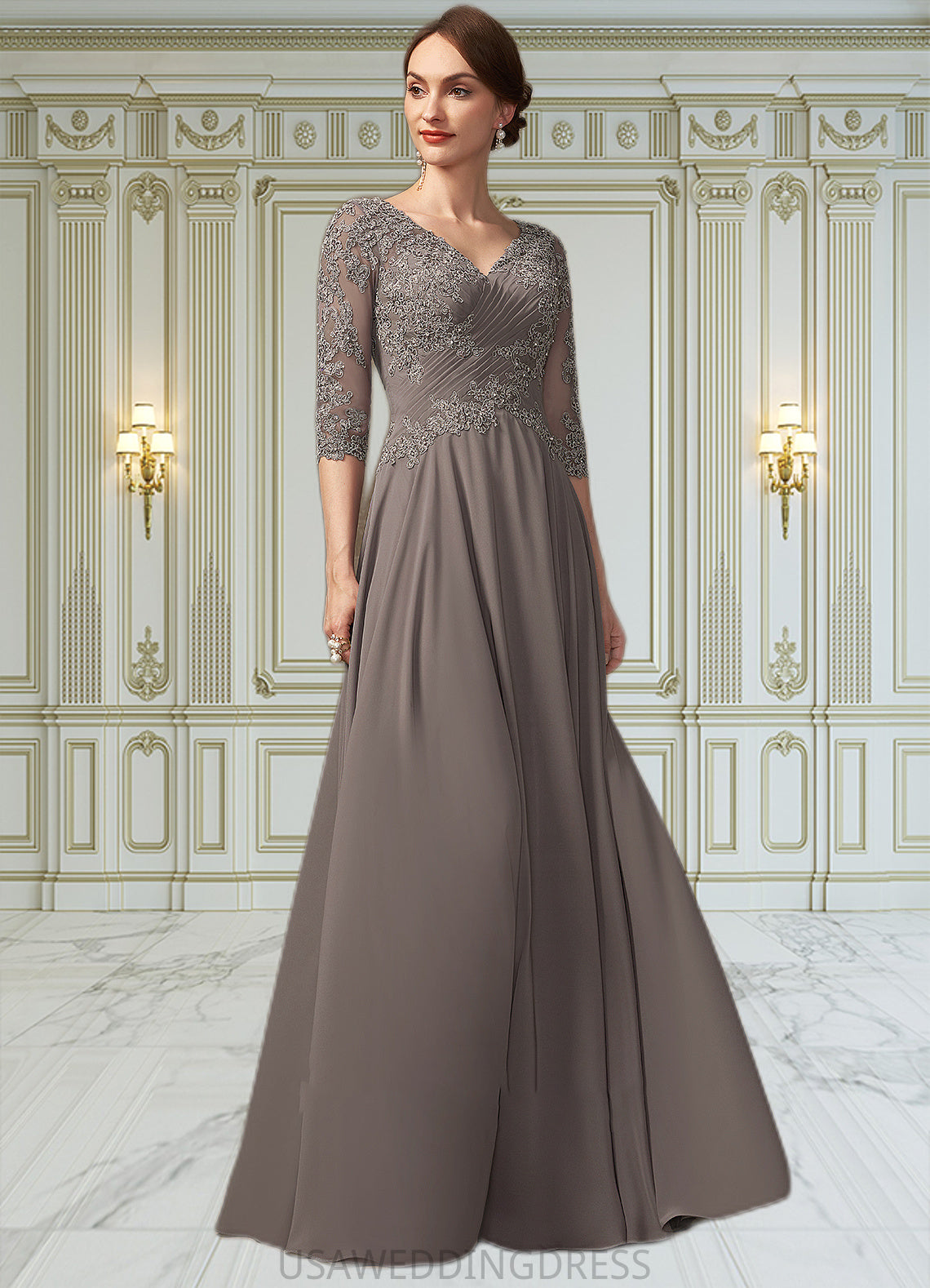 Leyla A-Line V-neck Floor-Length Chiffon Lace Mother of the Bride Dress With Beading Sequins DS126P0014876