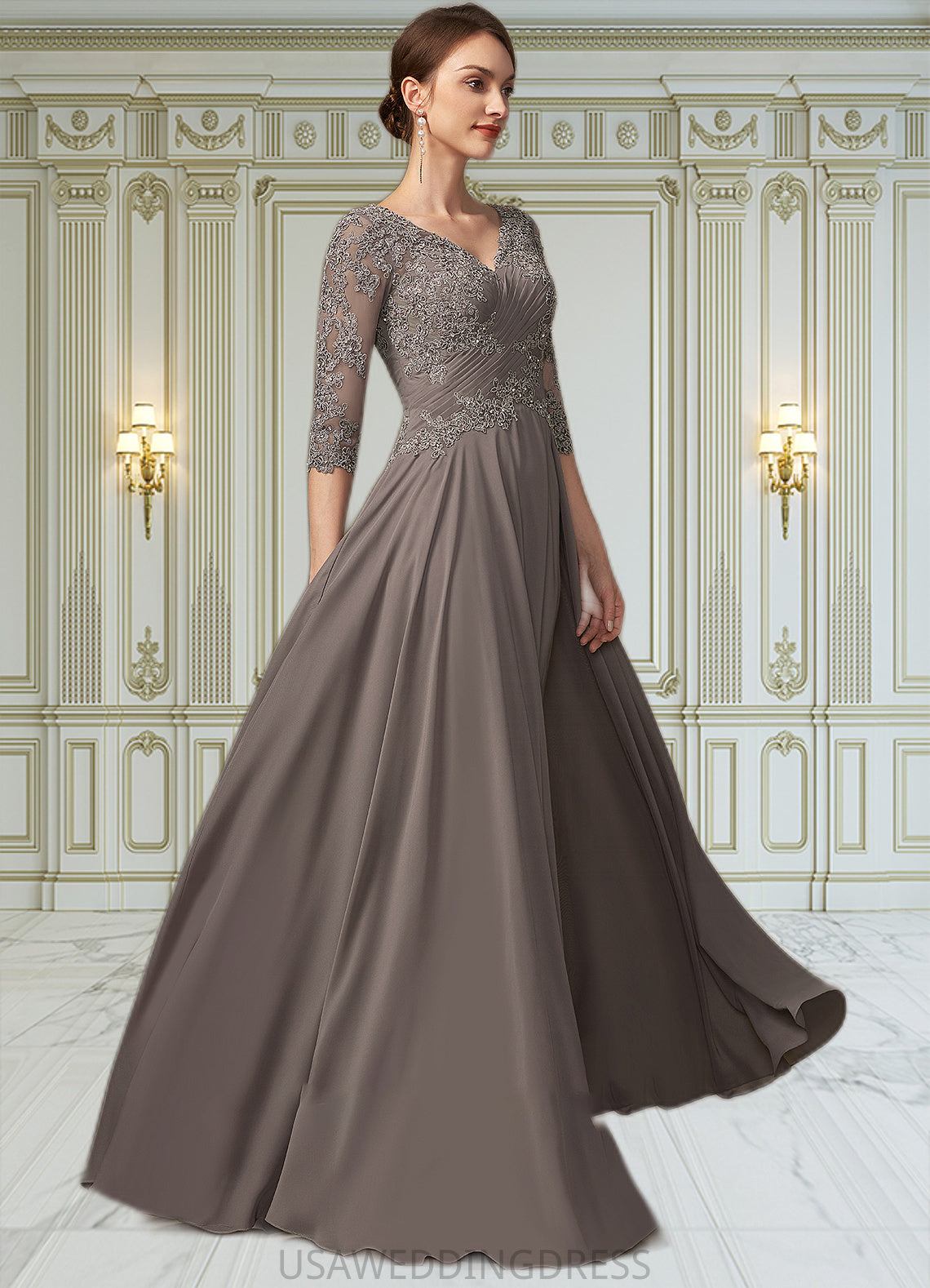 Leyla A-Line V-neck Floor-Length Chiffon Lace Mother of the Bride Dress With Beading Sequins DS126P0014876