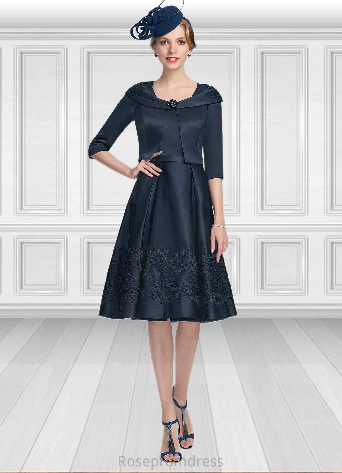 Naomi A-Line Square Neckline Knee-Length Satin Mother of the Bride Dress With Appliques Lace SRS126P0014877