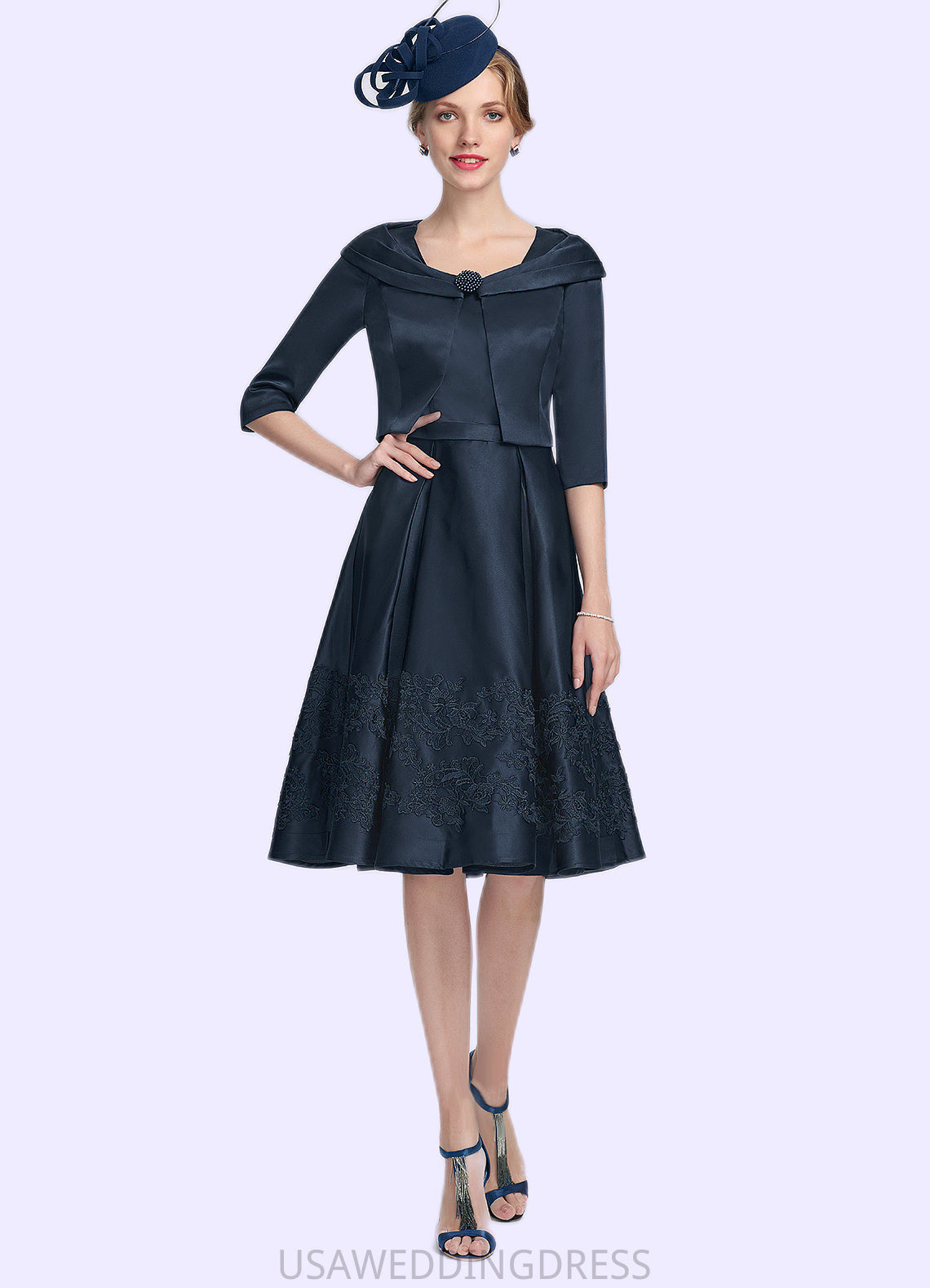 Luna A-Line Square Neckline Knee-Length Satin Mother of the Bride Dress With Appliques Lace DS126P0014877