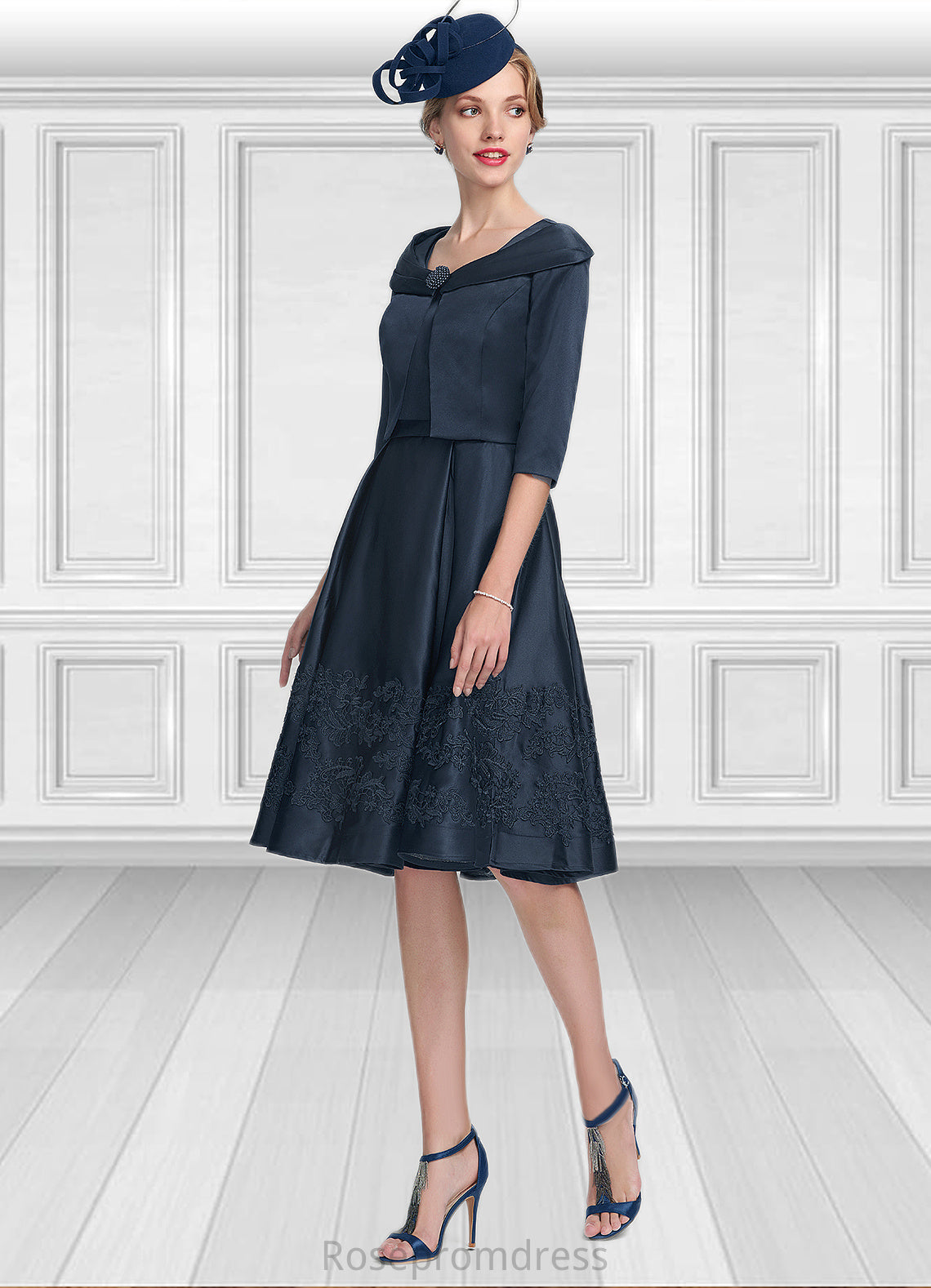 Naomi A-Line Square Neckline Knee-Length Satin Mother of the Bride Dress With Appliques Lace SRS126P0014877