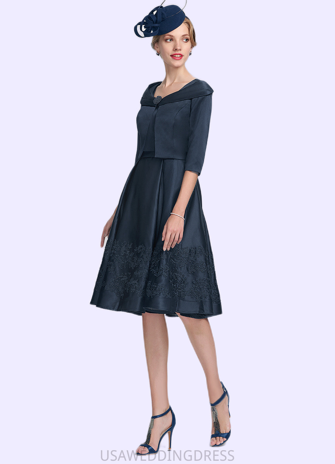 Luna A-Line Square Neckline Knee-Length Satin Mother of the Bride Dress With Appliques Lace DS126P0014877