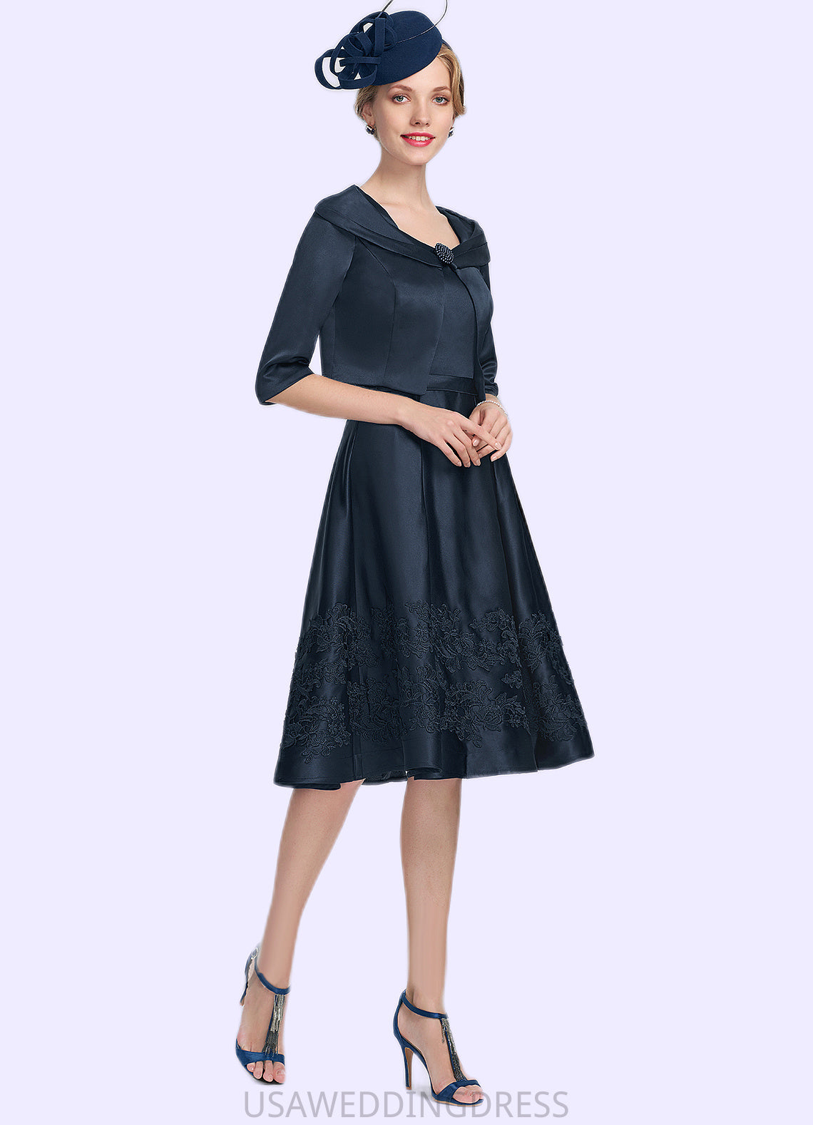 Luna A-Line Square Neckline Knee-Length Satin Mother of the Bride Dress With Appliques Lace DS126P0014877