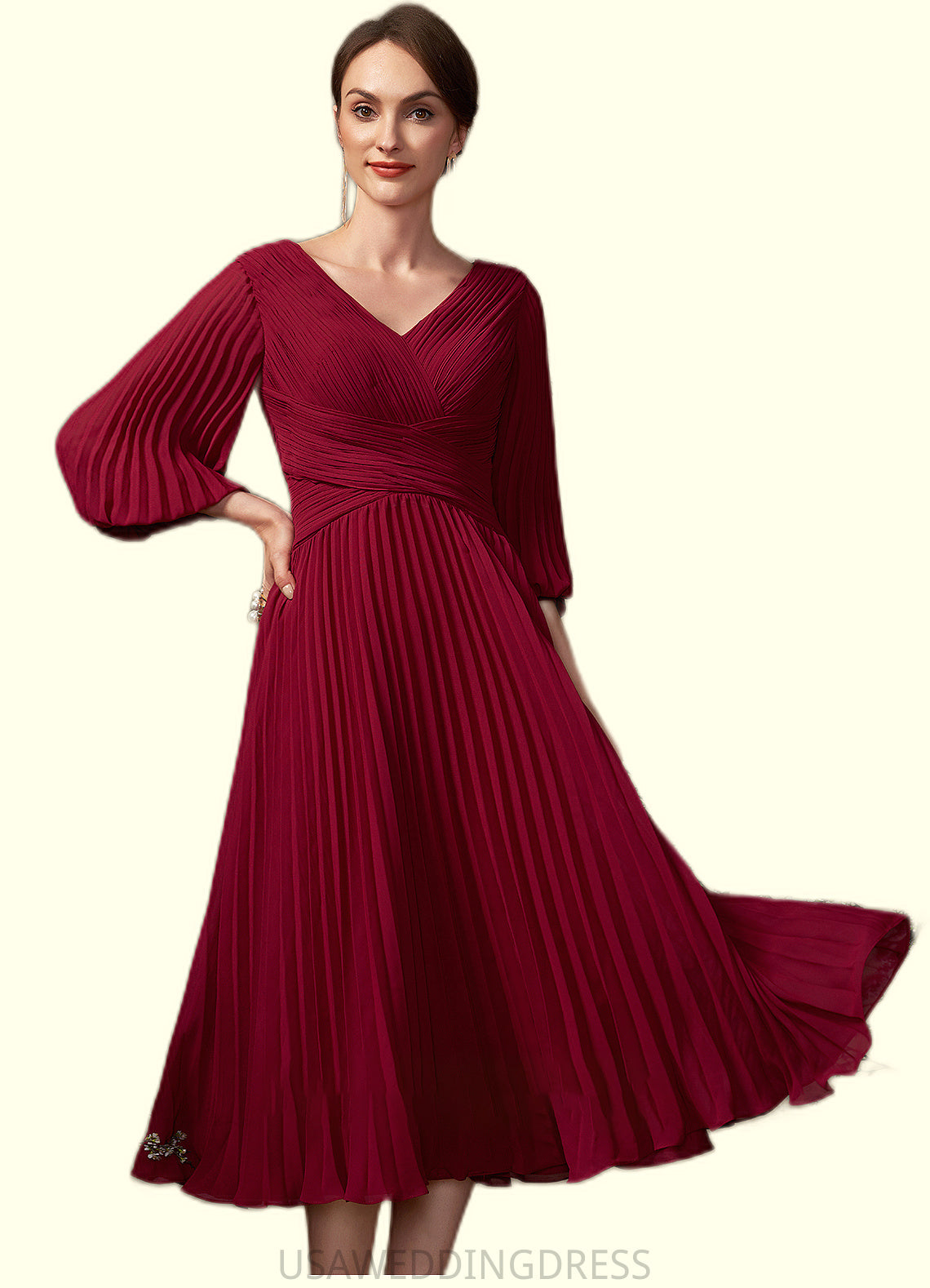 Hazel A-Line V-neck Tea-Length Chiffon Mother of the Bride Dress With Pleated DS126P0014878