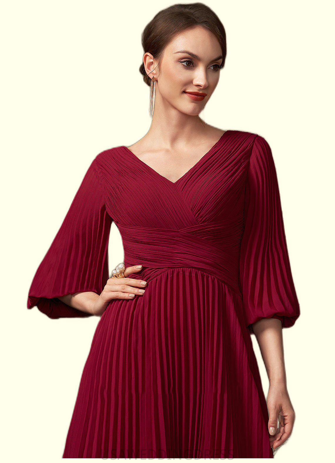 Hazel A-Line V-neck Tea-Length Chiffon Mother of the Bride Dress With Pleated DS126P0014878