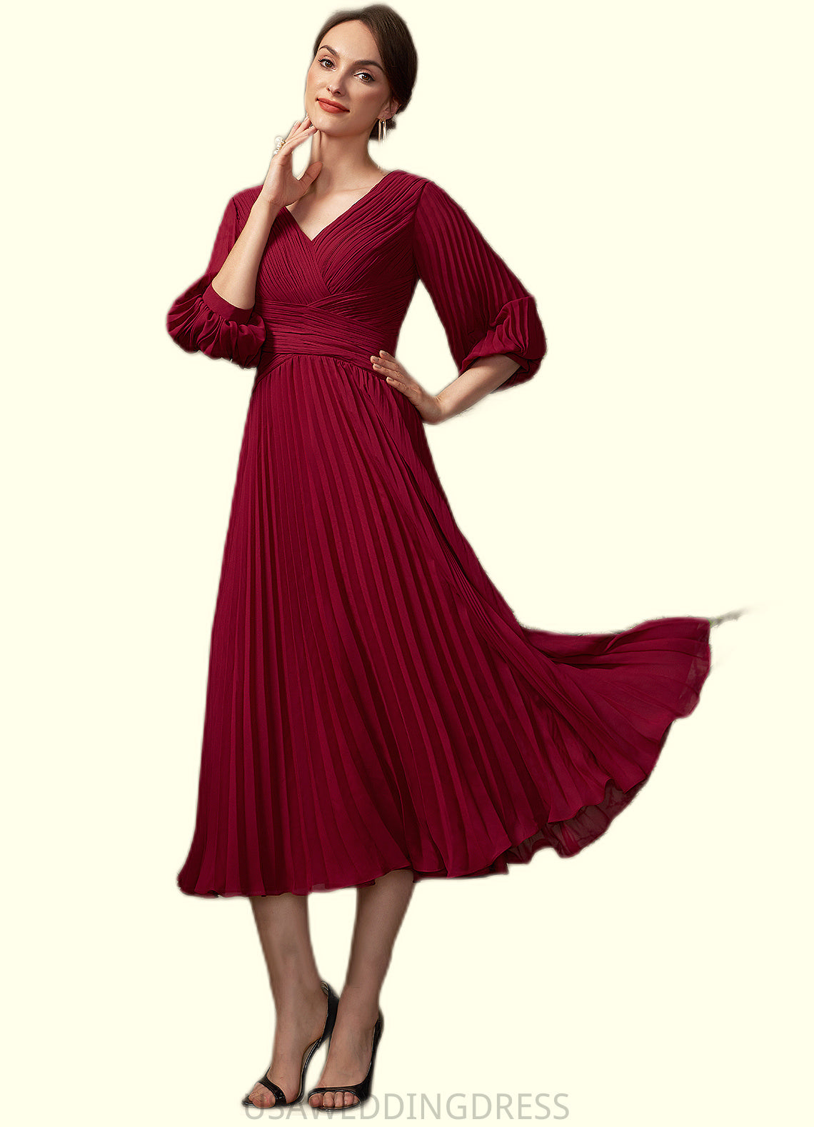 Hazel A-Line V-neck Tea-Length Chiffon Mother of the Bride Dress With Pleated DS126P0014878