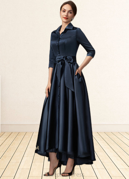 Sarah A-Line V-neck Asymmetrical Satin Mother of the Bride Dress With Bow(s) Pockets SRS126P0014879