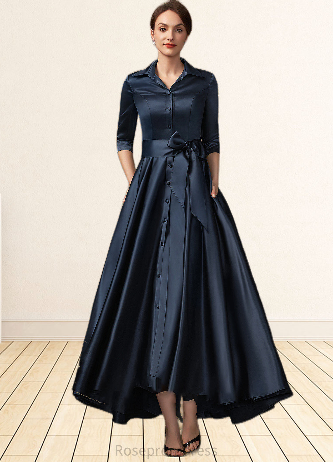 Sarah A-Line V-neck Asymmetrical Satin Mother of the Bride Dress With Bow(s) Pockets SRS126P0014879