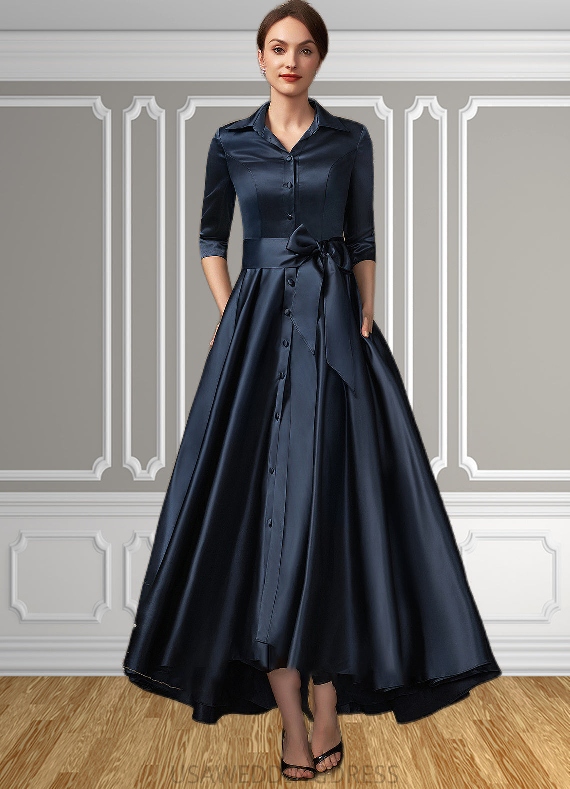 Lorna A-Line V-neck Asymmetrical Satin Mother of the Bride Dress With Bow(s) Pockets DS126P0014879