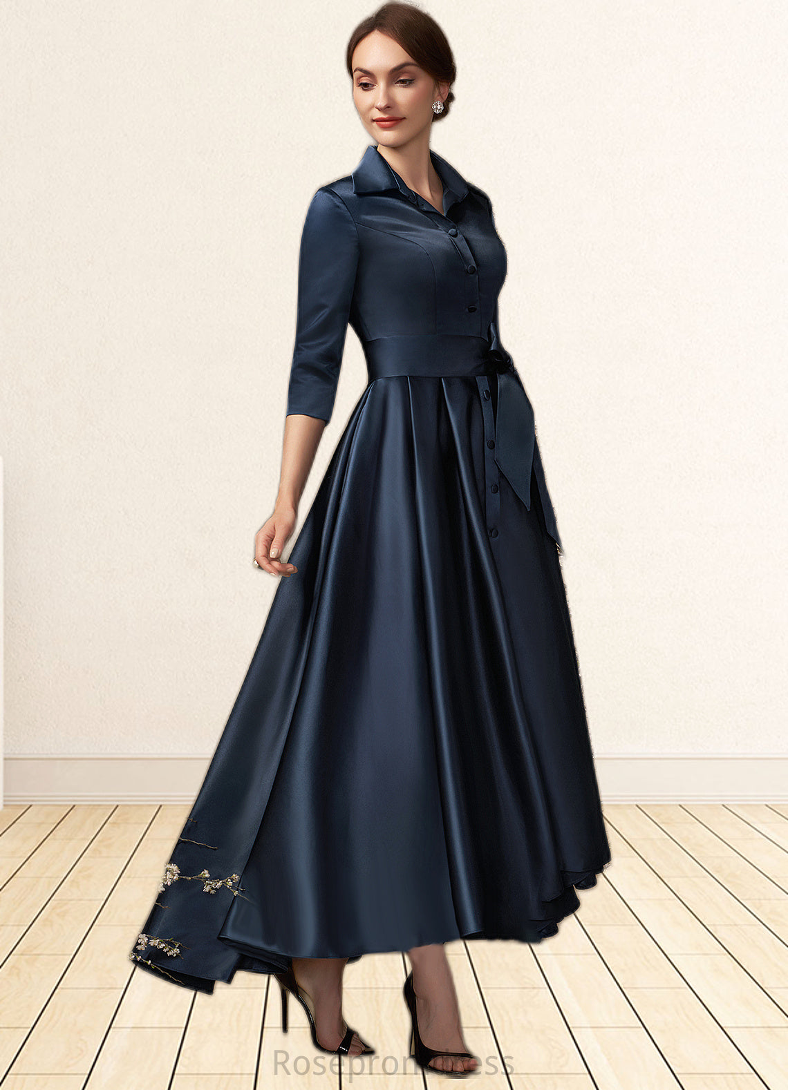 Sarah A-Line V-neck Asymmetrical Satin Mother of the Bride Dress With Bow(s) Pockets SRS126P0014879