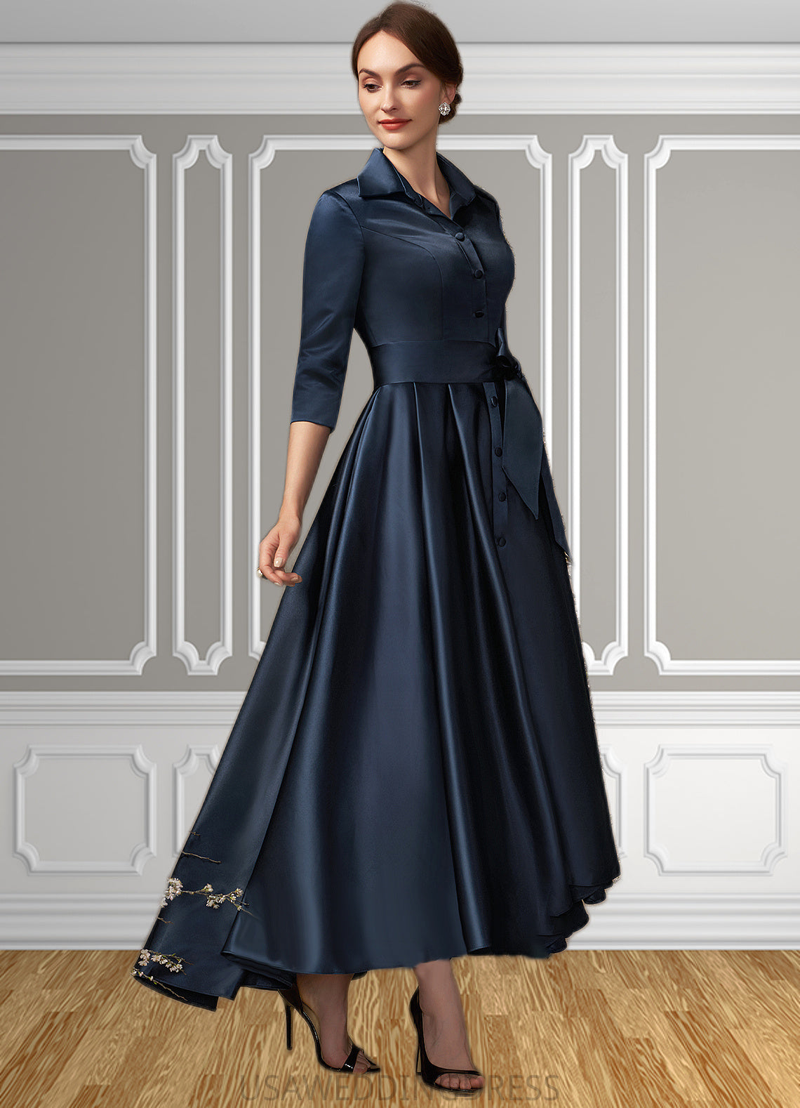 Lorna A-Line V-neck Asymmetrical Satin Mother of the Bride Dress With Bow(s) Pockets DS126P0014879