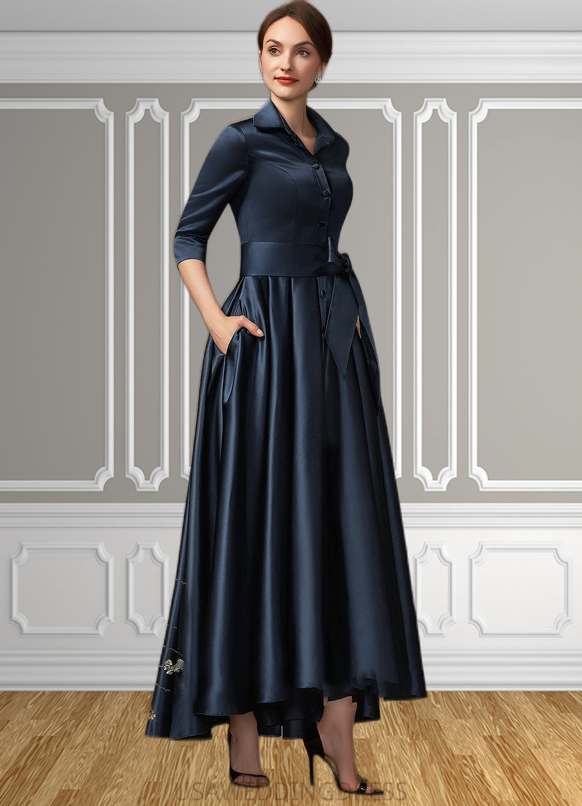 Lorna A-Line V-neck Asymmetrical Satin Mother of the Bride Dress With Bow(s) Pockets DS126P0014879