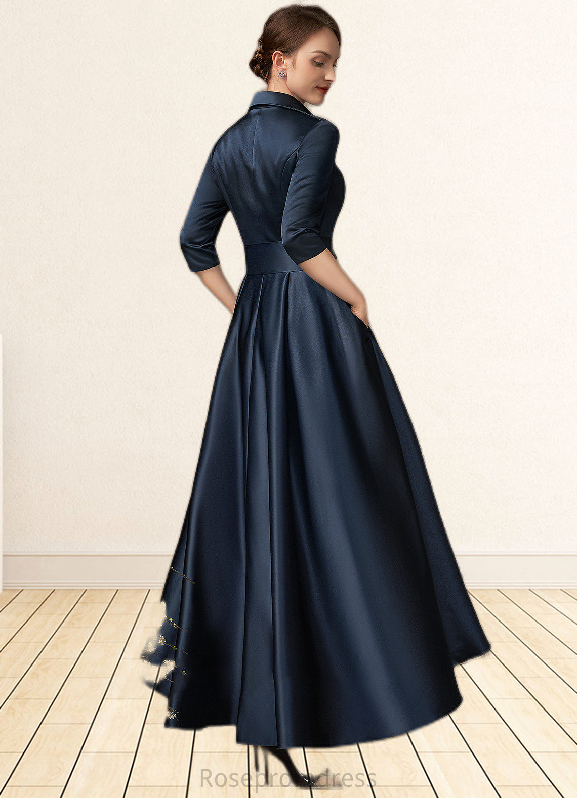 Sarah A-Line V-neck Asymmetrical Satin Mother of the Bride Dress With Bow(s) Pockets SRS126P0014879