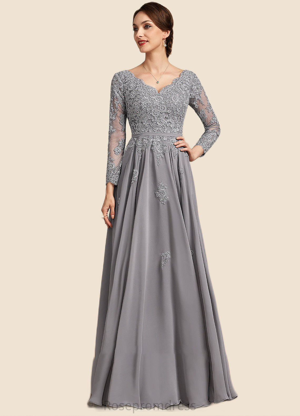 Sydney A-Line V-neck Floor-Length Chiffon Lace Mother of the Bride Dress SRS126P0014881