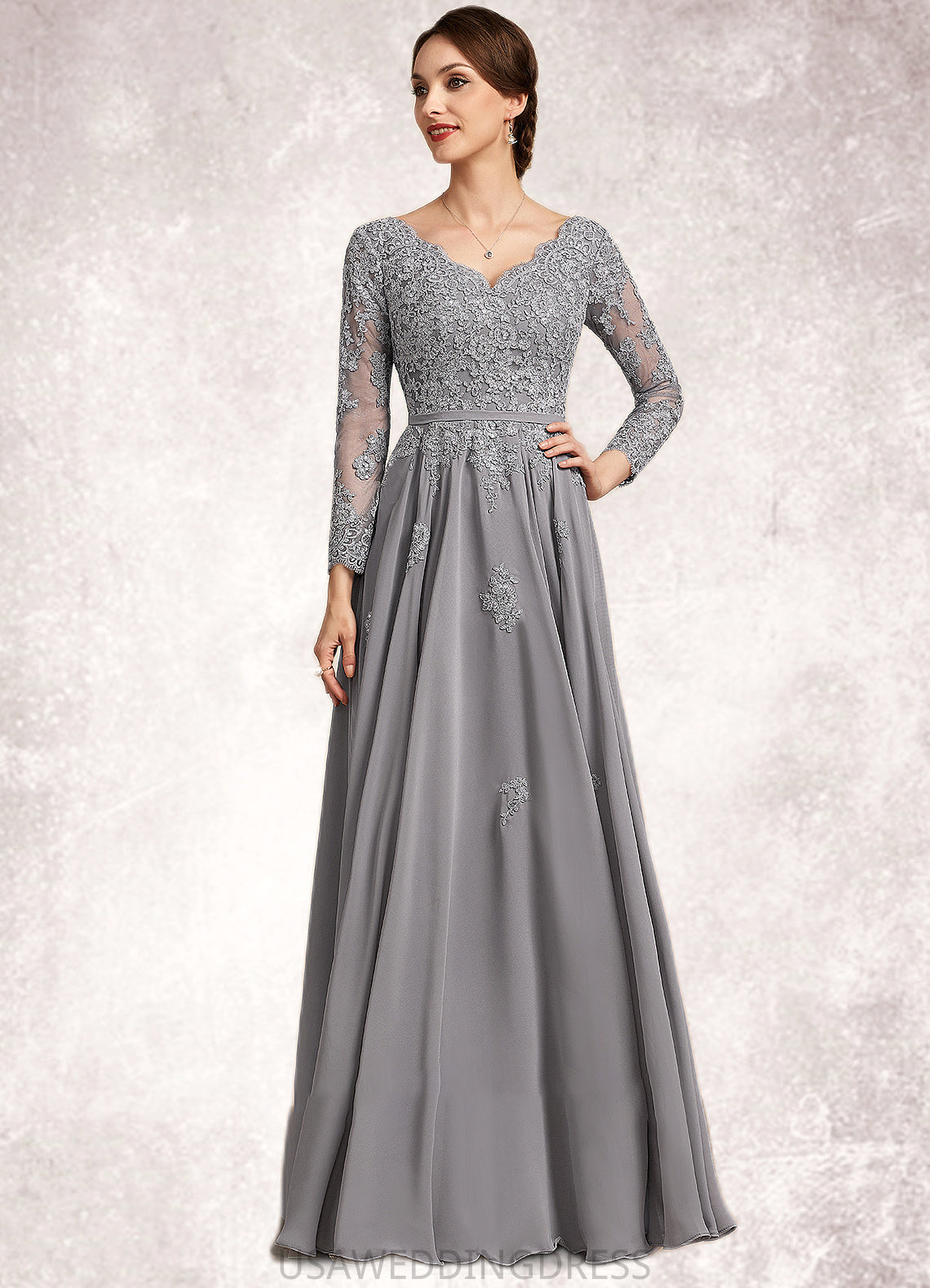 Annabelle A-Line V-neck Floor-Length Chiffon Lace Mother of the Bride Dress DS126P0014881