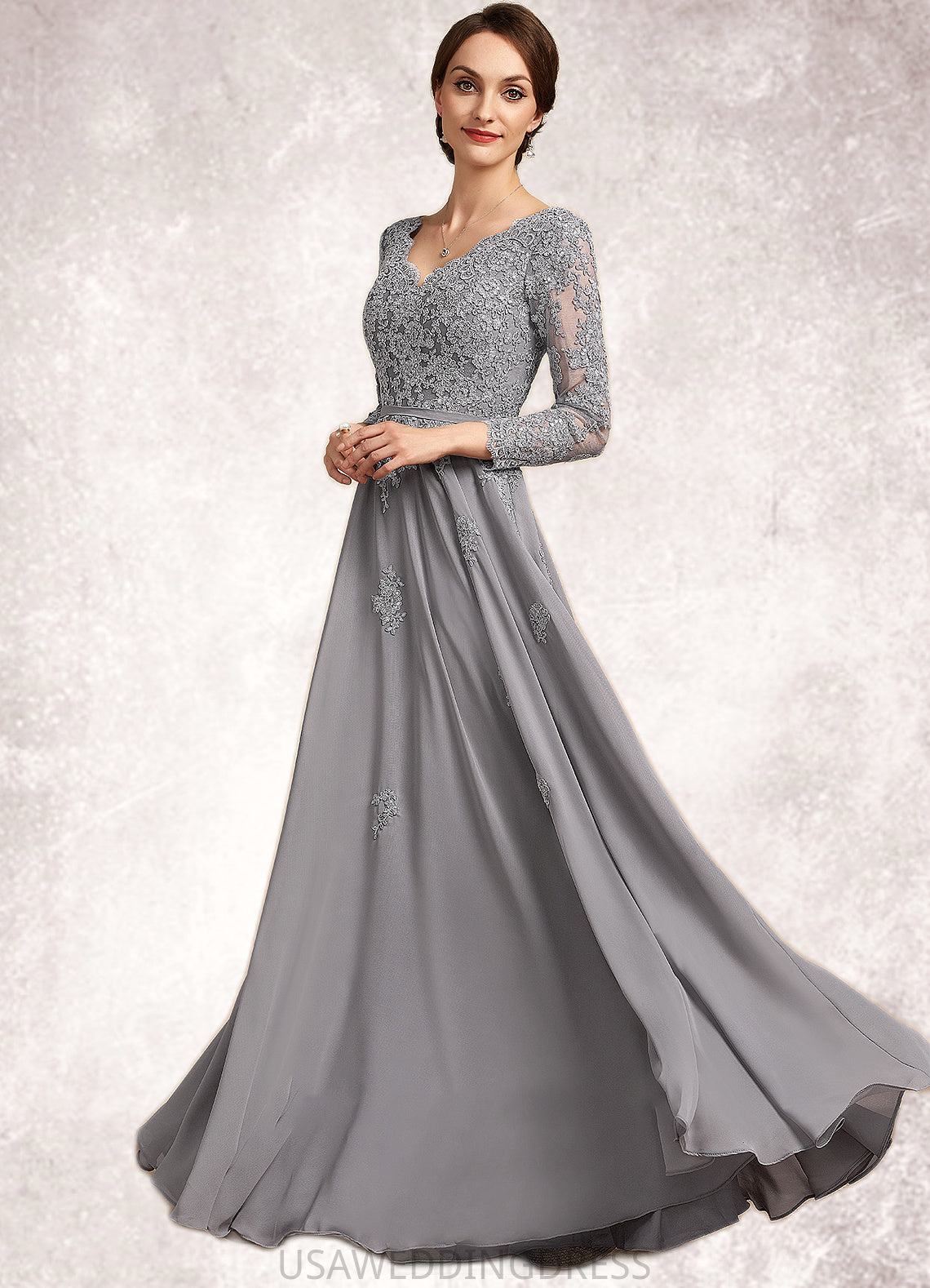 Annabelle A-Line V-neck Floor-Length Chiffon Lace Mother of the Bride Dress DS126P0014881