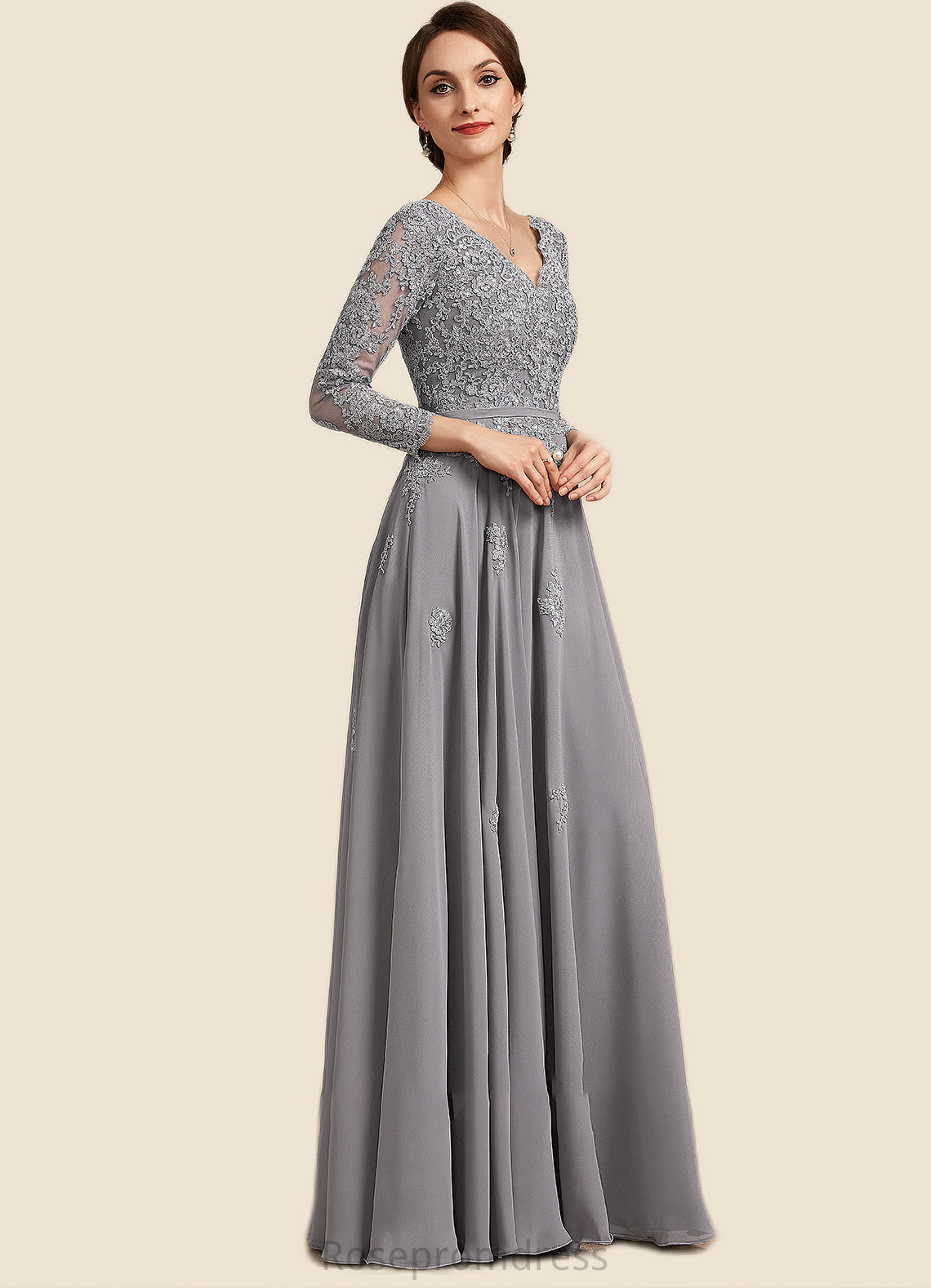 Sydney A-Line V-neck Floor-Length Chiffon Lace Mother of the Bride Dress SRS126P0014881