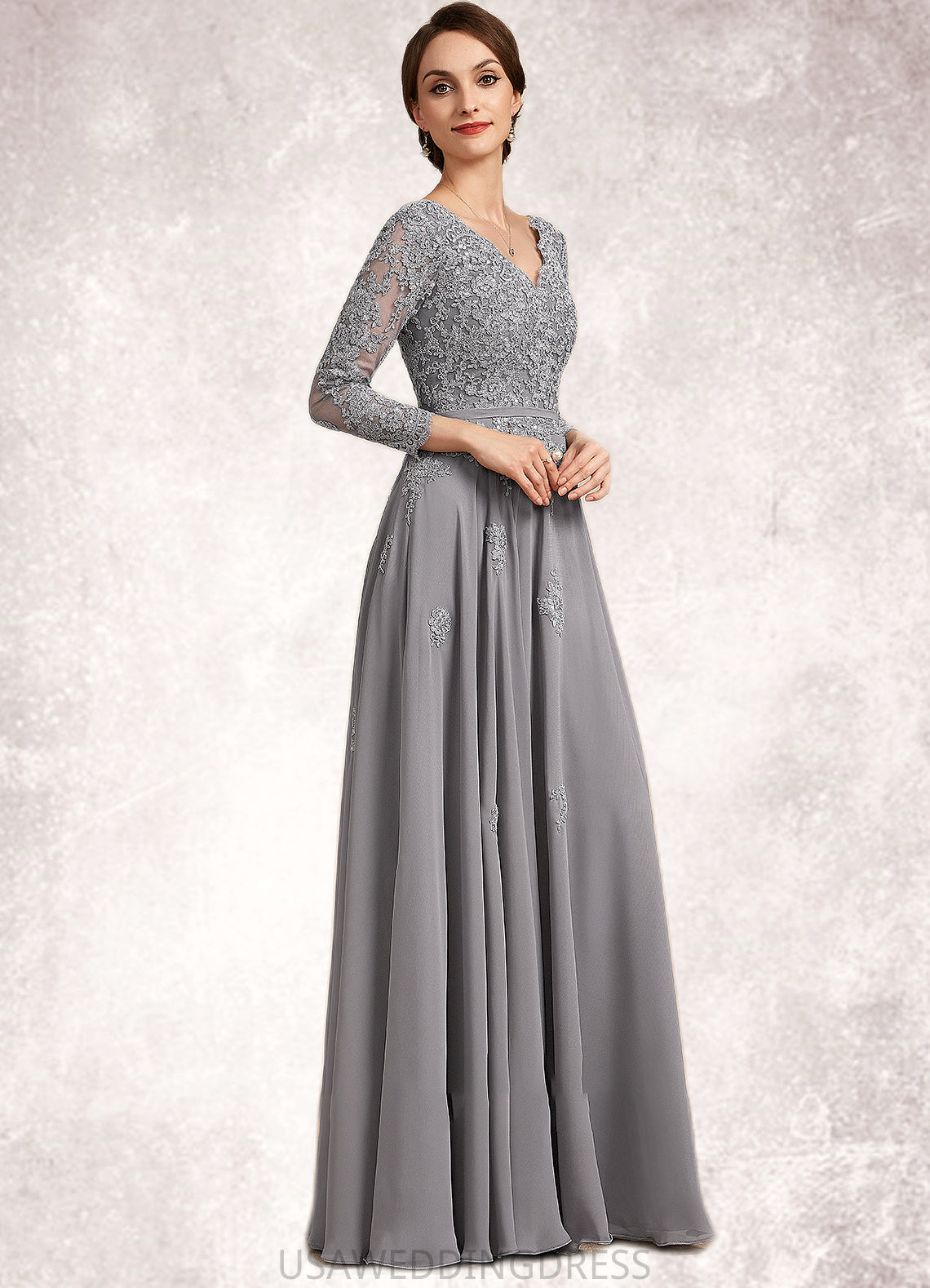 Annabelle A-Line V-neck Floor-Length Chiffon Lace Mother of the Bride Dress DS126P0014881