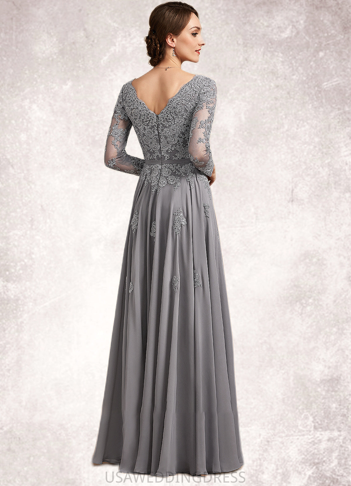 Annabelle A-Line V-neck Floor-Length Chiffon Lace Mother of the Bride Dress DS126P0014881