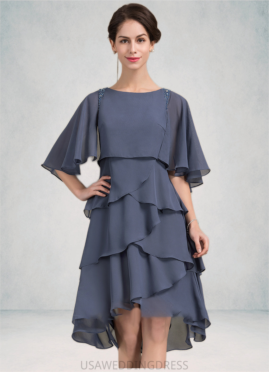 Mikaela A-Line Scoop Neck Asymmetrical Chiffon Mother of the Bride Dress With Beading Sequins Cascading Ruffles DS126P0014882