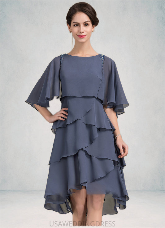 Mikaela A-Line Scoop Neck Asymmetrical Chiffon Mother of the Bride Dress With Beading Sequins Cascading Ruffles DS126P0014882