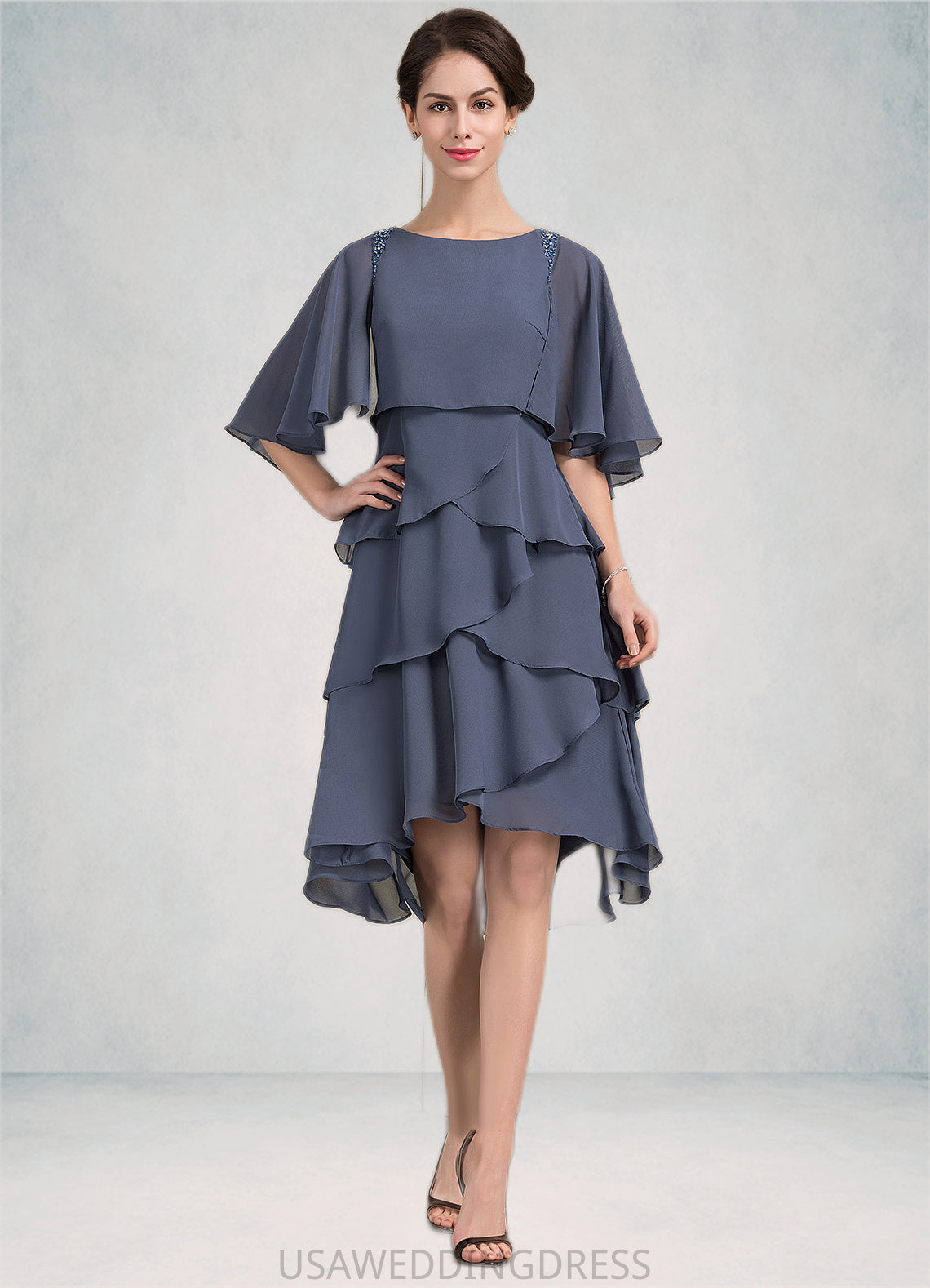 Mikaela A-Line Scoop Neck Asymmetrical Chiffon Mother of the Bride Dress With Beading Sequins Cascading Ruffles DS126P0014882