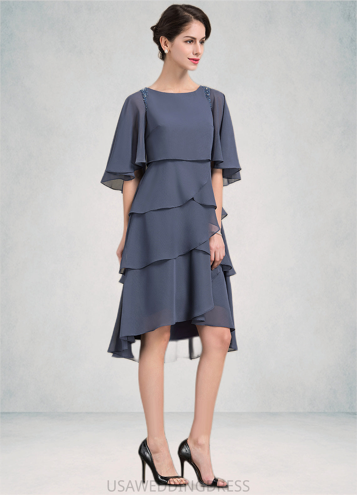 Mikaela A-Line Scoop Neck Asymmetrical Chiffon Mother of the Bride Dress With Beading Sequins Cascading Ruffles DS126P0014882