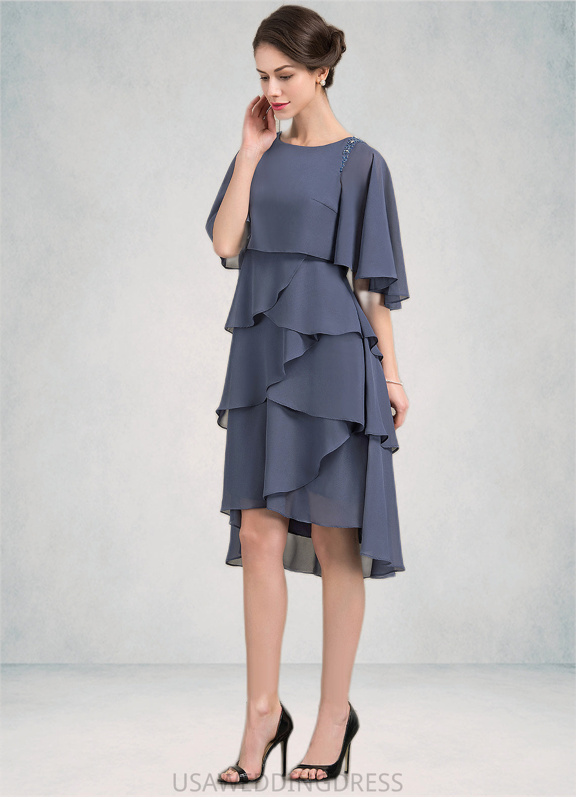 Mikaela A-Line Scoop Neck Asymmetrical Chiffon Mother of the Bride Dress With Beading Sequins Cascading Ruffles DS126P0014882