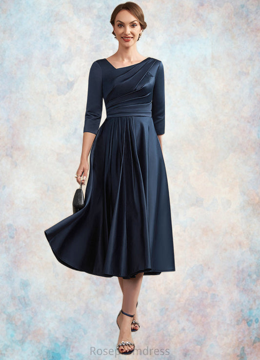 Jade A-Line V-neck Tea-Length Satin Mother of the Bride Dress With Ruffle SRS126P0014883