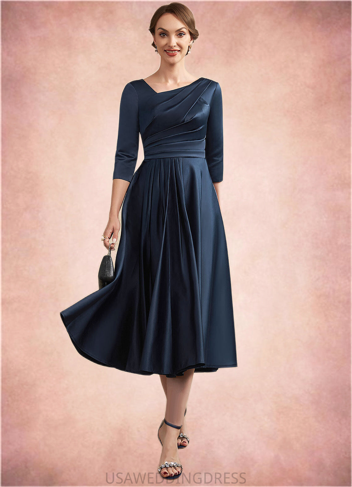 Milagros A-Line V-neck Tea-Length Satin Mother of the Bride Dress With Ruffle DS126P0014883