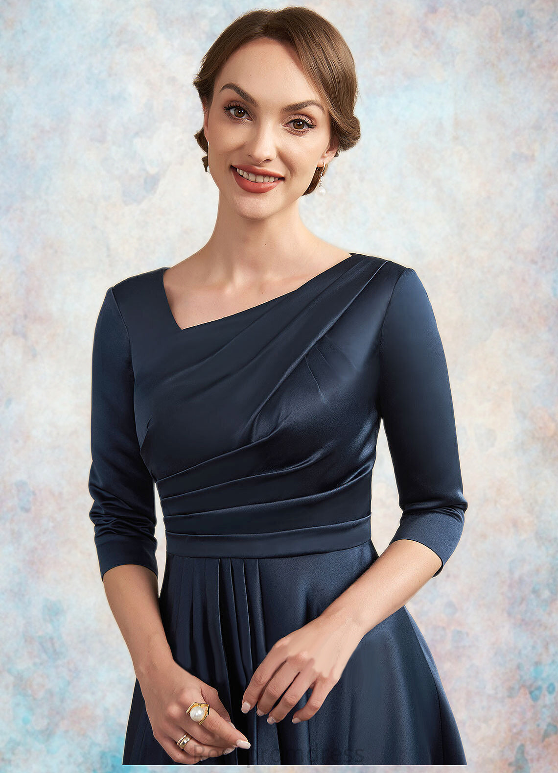Jade A-Line V-neck Tea-Length Satin Mother of the Bride Dress With Ruffle SRS126P0014883