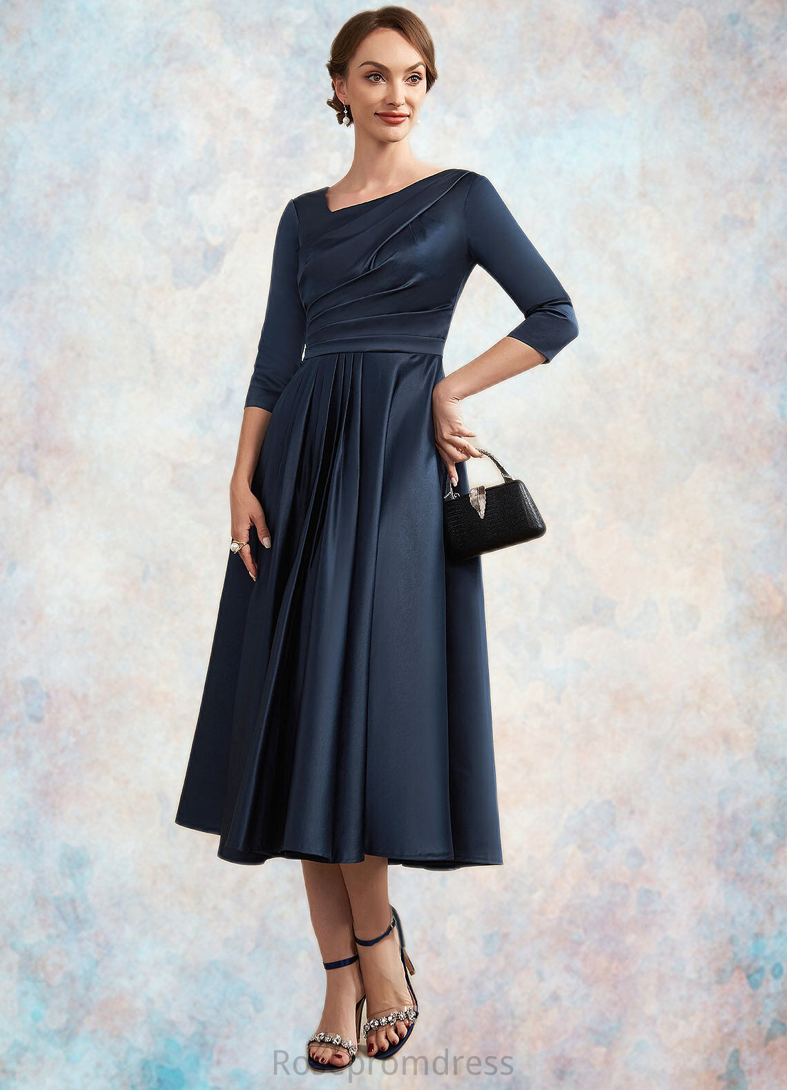 Jade A-Line V-neck Tea-Length Satin Mother of the Bride Dress With Ruffle SRS126P0014883
