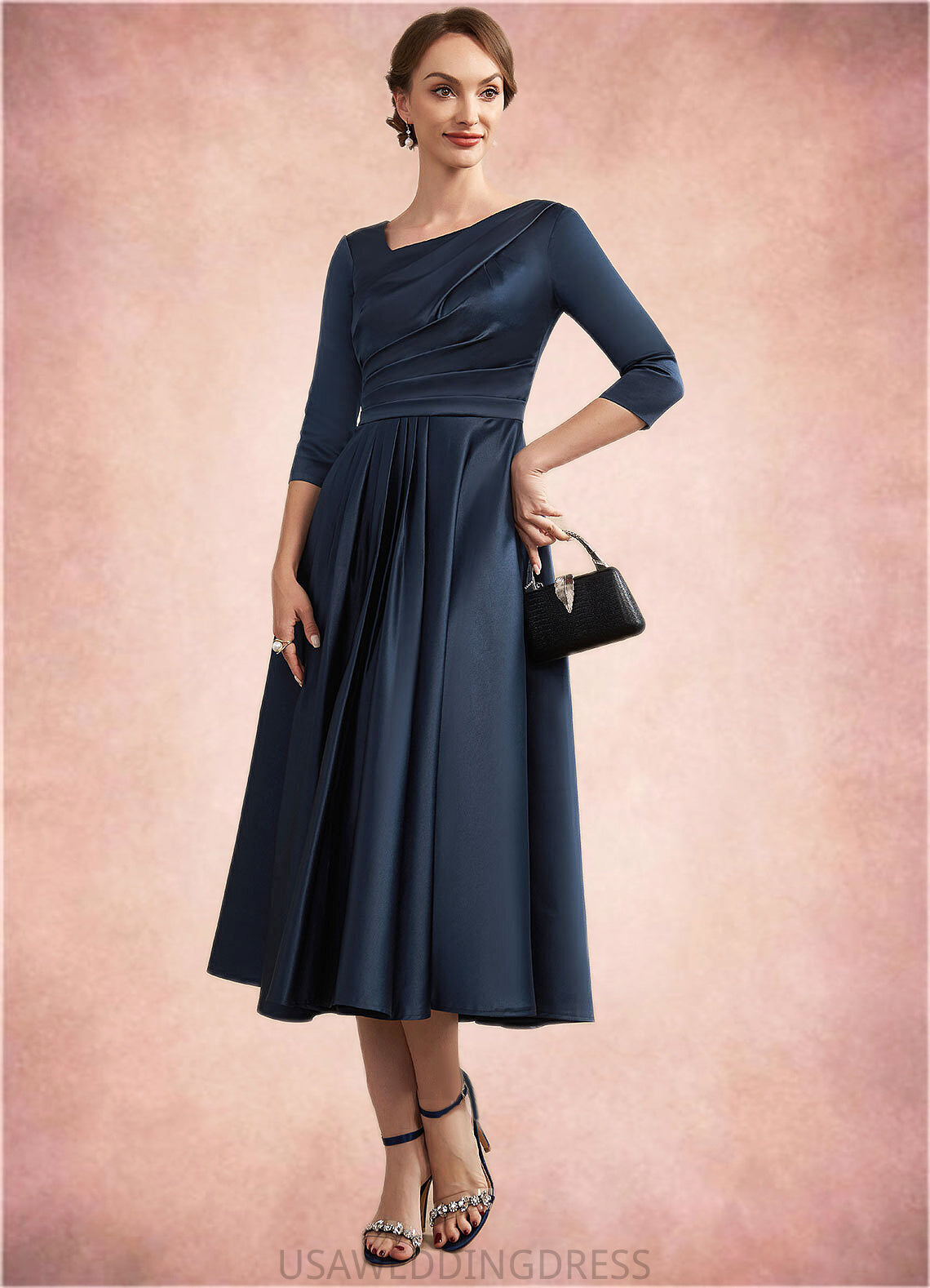 Milagros A-Line V-neck Tea-Length Satin Mother of the Bride Dress With Ruffle DS126P0014883