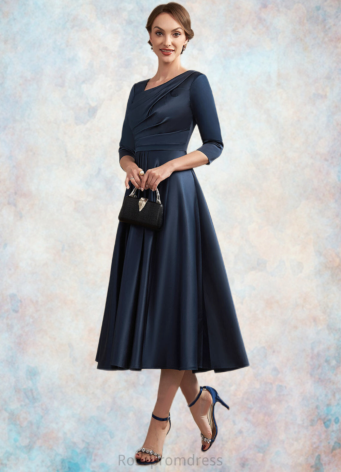 Jade A-Line V-neck Tea-Length Satin Mother of the Bride Dress With Ruffle SRS126P0014883