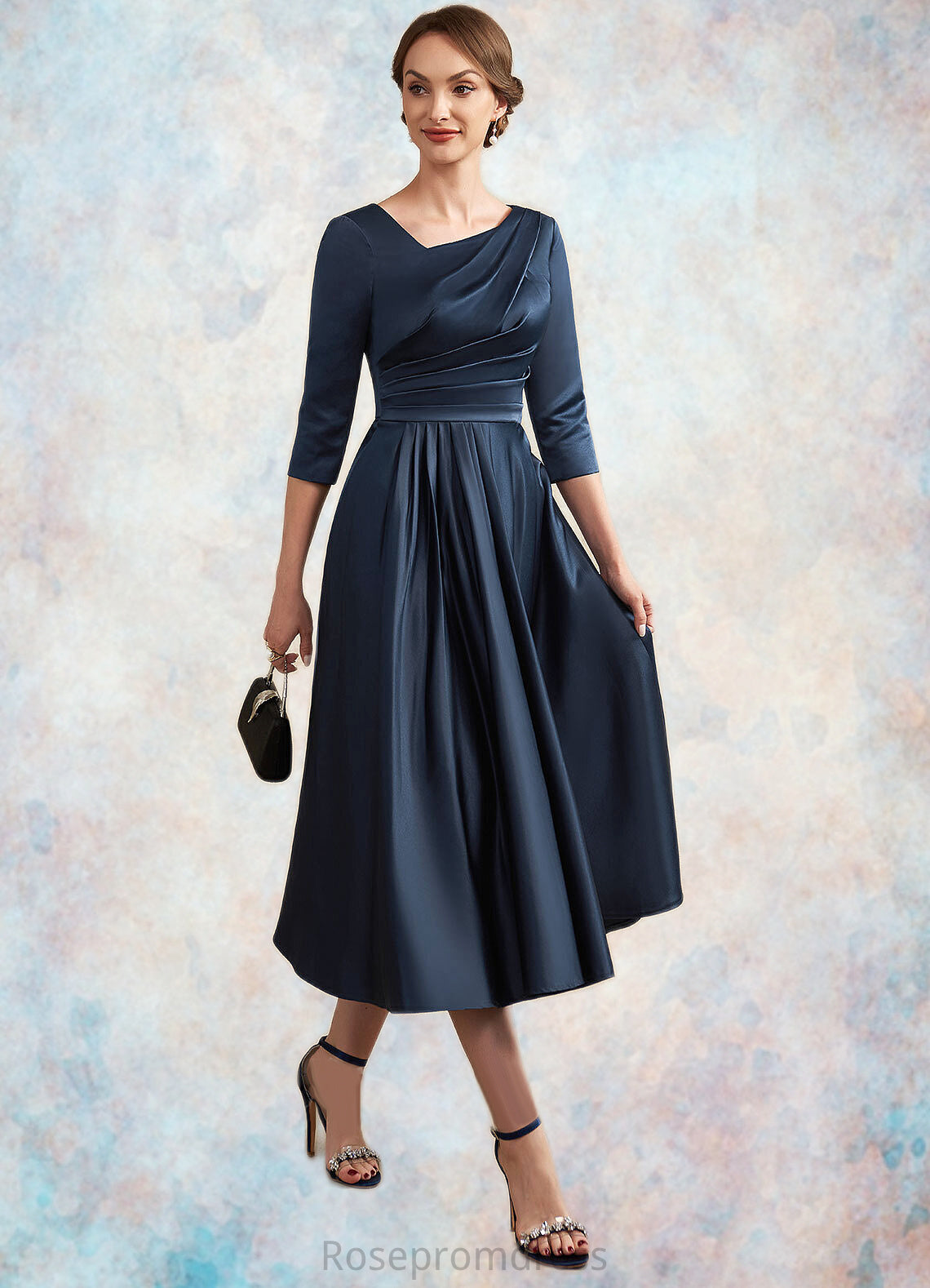 Jade A-Line V-neck Tea-Length Satin Mother of the Bride Dress With Ruffle SRS126P0014883