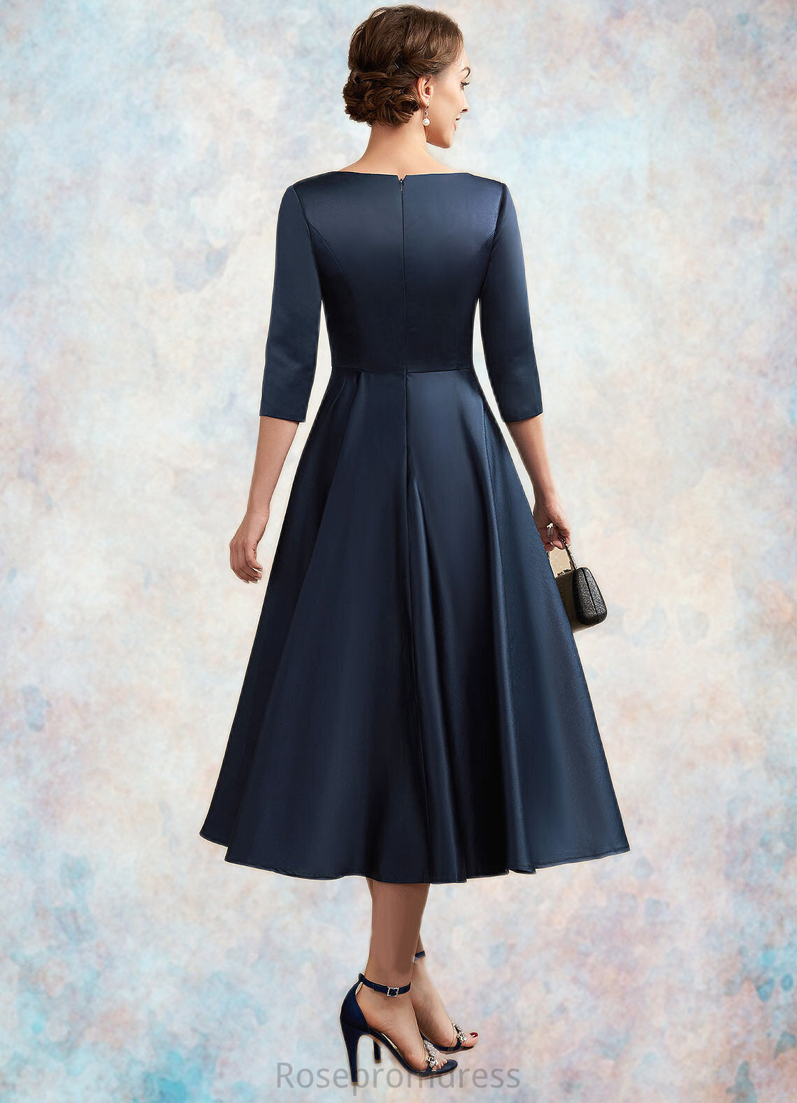 Jade A-Line V-neck Tea-Length Satin Mother of the Bride Dress With Ruffle SRS126P0014883