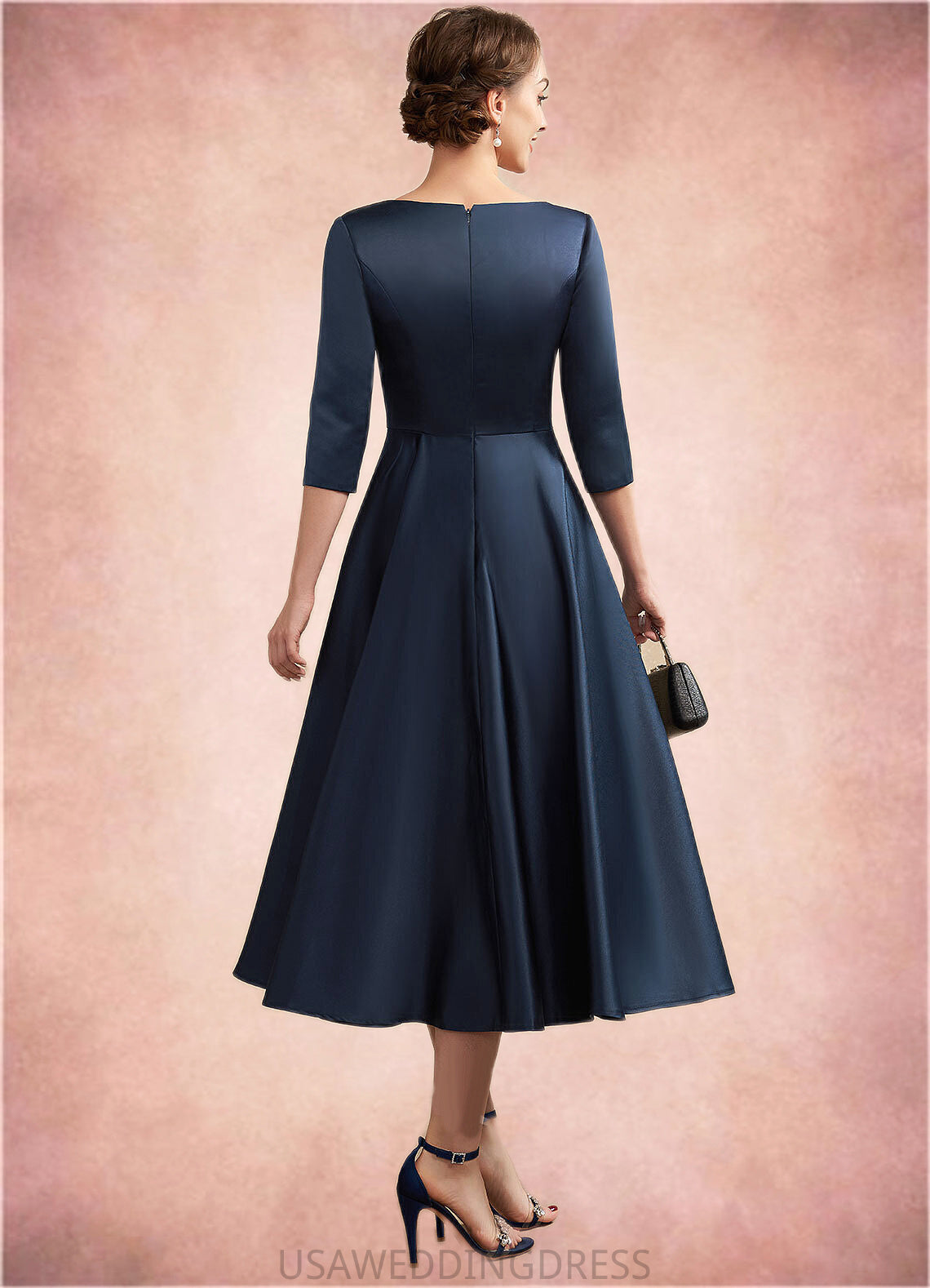 Milagros A-Line V-neck Tea-Length Satin Mother of the Bride Dress With Ruffle DS126P0014883