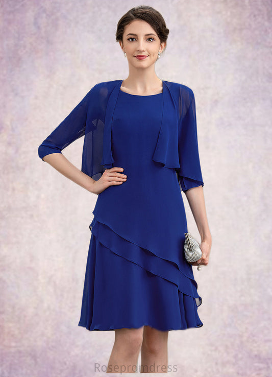Trudie A-Line Scoop Neck Knee-Length Chiffon Mother of the Bride Dress With Cascading Ruffles SRS126P0014884