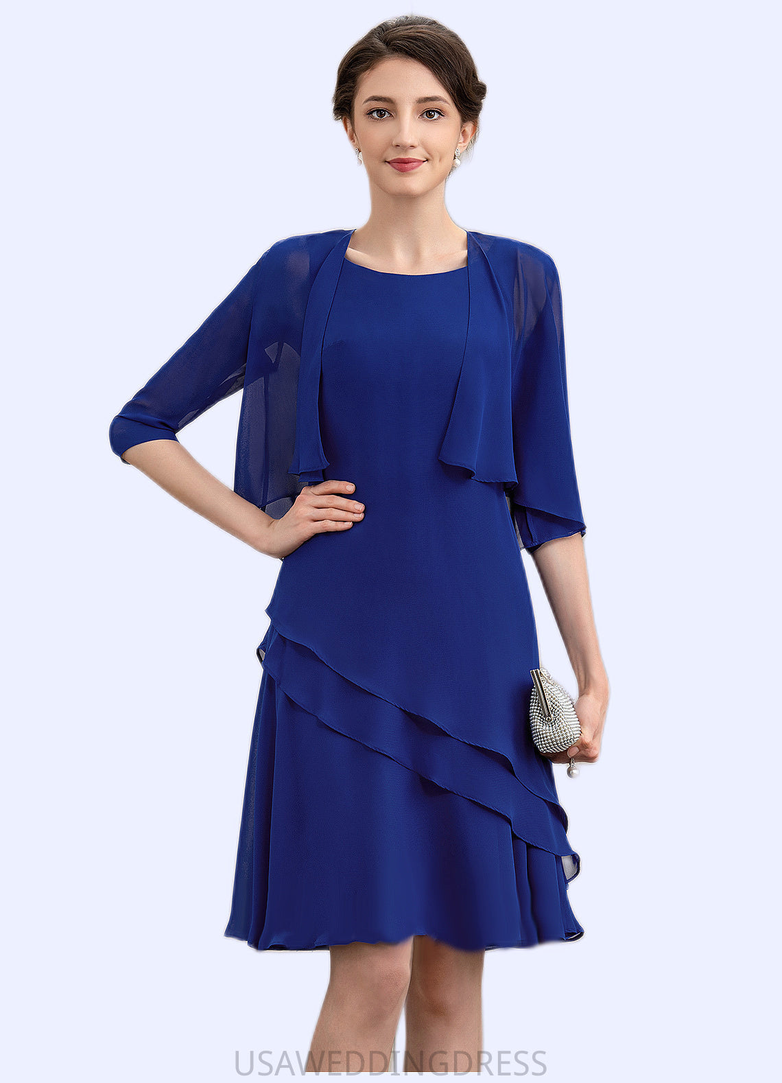 Eva A-Line Scoop Neck Knee-Length Chiffon Mother of the Bride Dress With Cascading Ruffles DS126P0014884