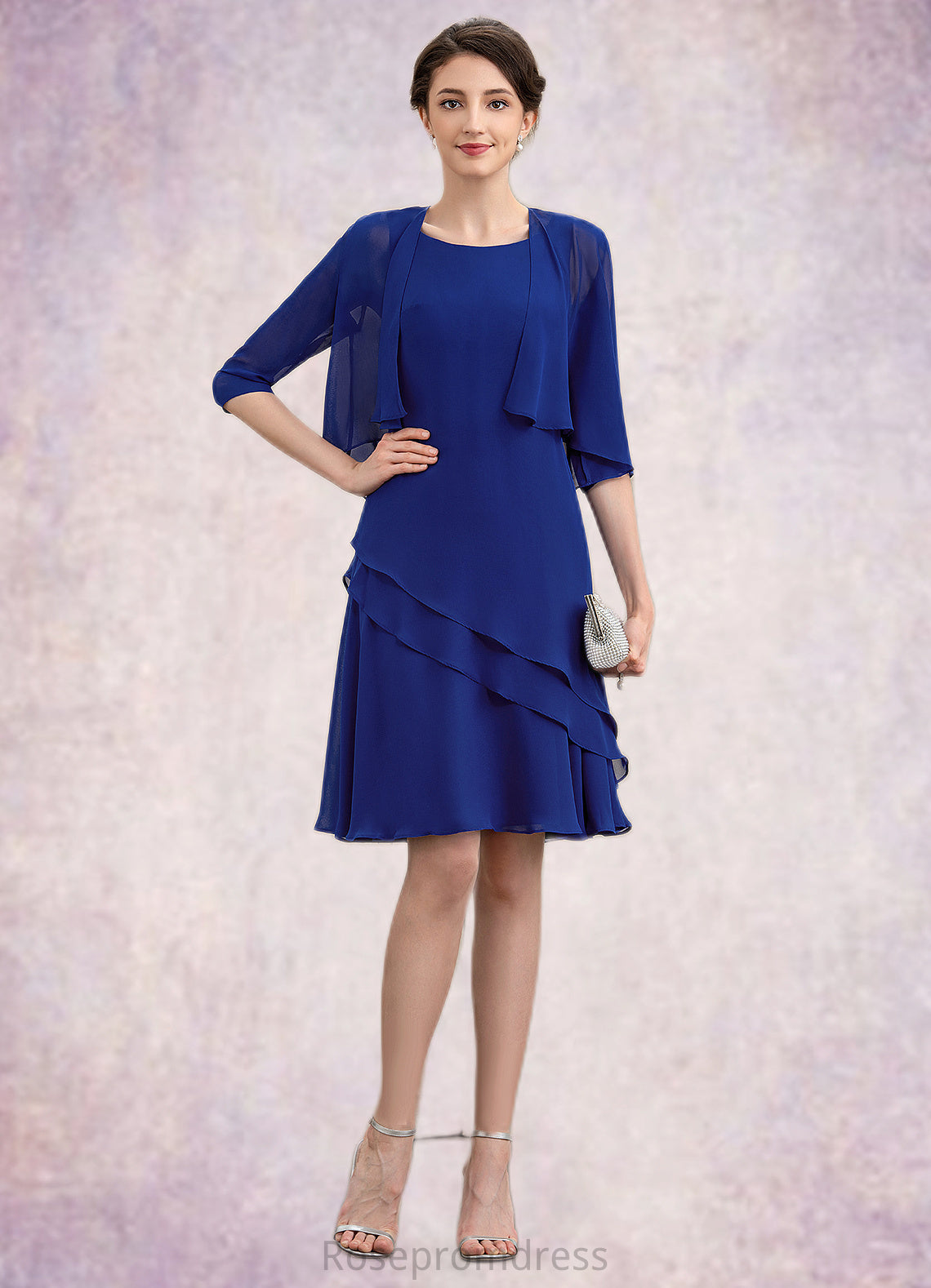 Trudie A-Line Scoop Neck Knee-Length Chiffon Mother of the Bride Dress With Cascading Ruffles SRS126P0014884