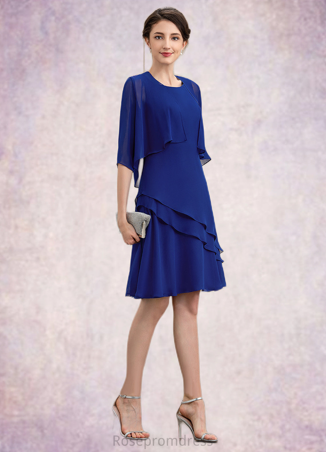 Trudie A-Line Scoop Neck Knee-Length Chiffon Mother of the Bride Dress With Cascading Ruffles SRS126P0014884