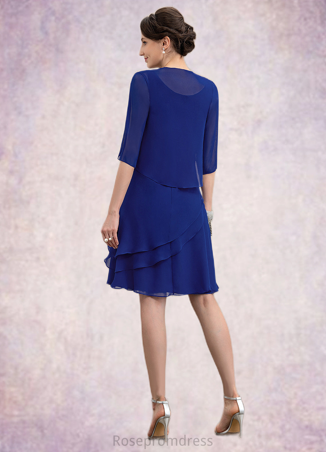 Trudie A-Line Scoop Neck Knee-Length Chiffon Mother of the Bride Dress With Cascading Ruffles SRS126P0014884