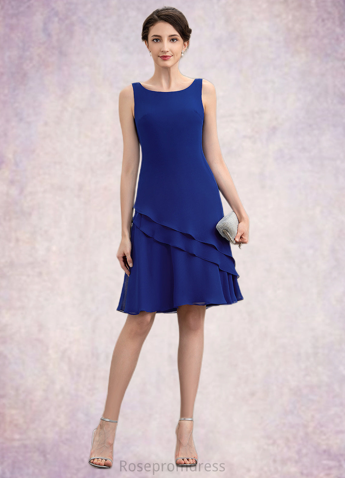 Trudie A-Line Scoop Neck Knee-Length Chiffon Mother of the Bride Dress With Cascading Ruffles SRS126P0014884