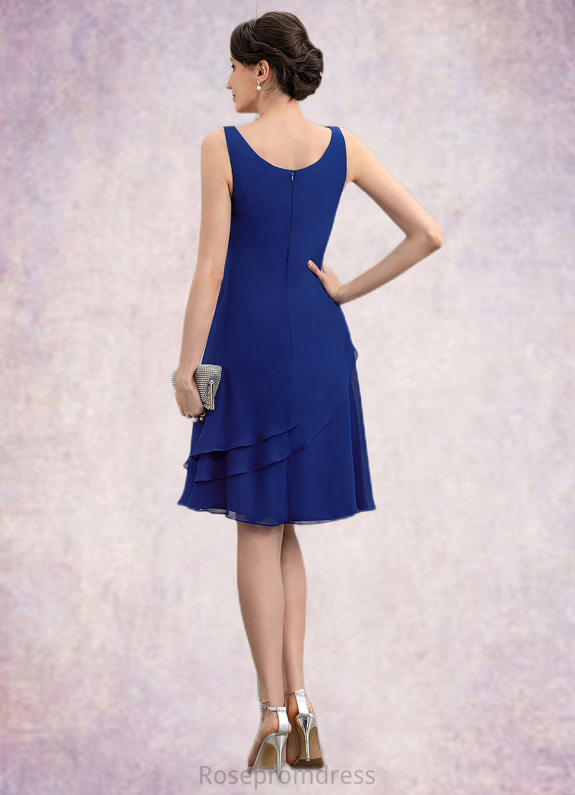 Trudie A-Line Scoop Neck Knee-Length Chiffon Mother of the Bride Dress With Cascading Ruffles SRS126P0014884